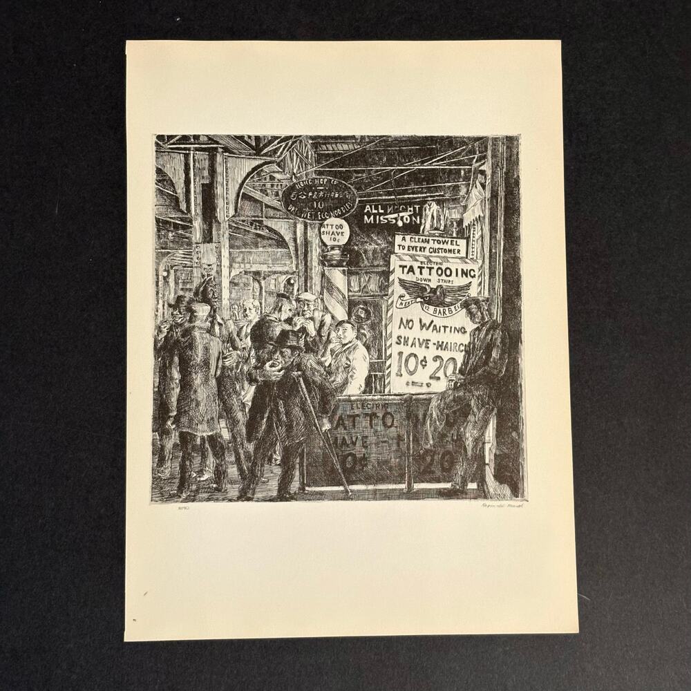 Reginald Marsh "Tattoo-Haircut-Shave" 1930s Art Print New York Sketch Vintage